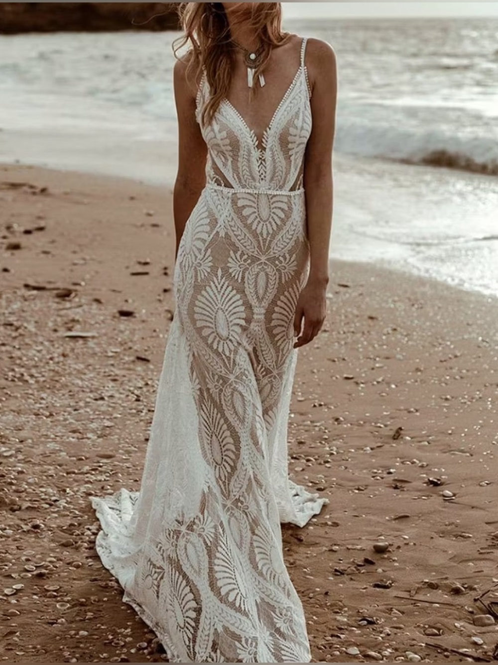 Boho Lace Wedding Dress with Open Back